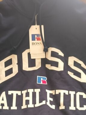 BOSS Navy Blue Hoodie with White Athletic Logo